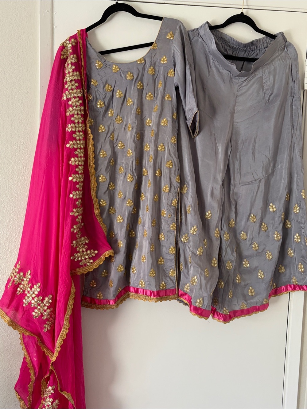 Gray & Pink Embroidered Palazzo Skirt Set with Gold Accents